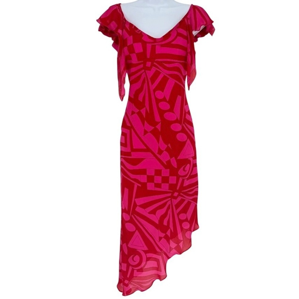 Morrell Maxie VTG 100% Silk Pink Red Psychedelic Asymmetrical Hem Dress 10